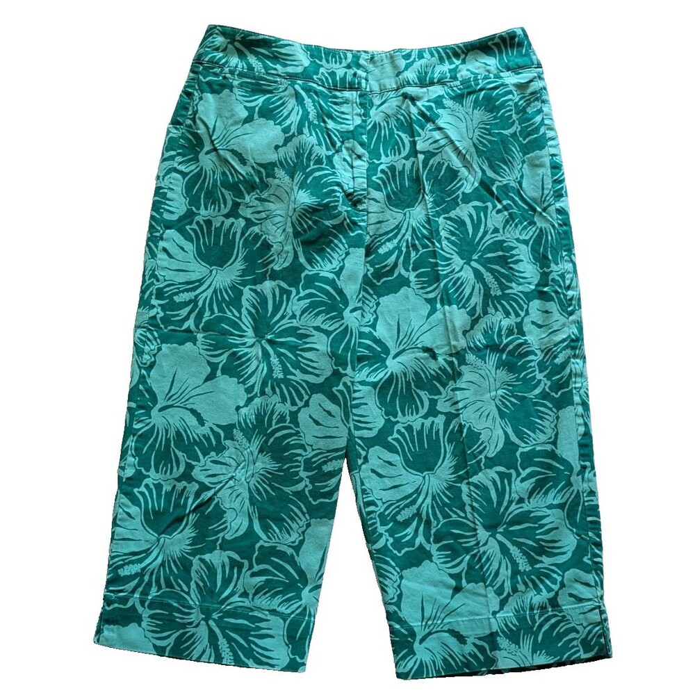 Liz Claiborne Liz Sport Capris Green Floral Tropical Size 10 Cotton Stretch
